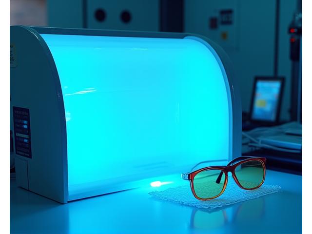 Laboratory setting with specialized UV testing equipment illuminating a piece of beach umbrella fabric, showing light absorption tests.