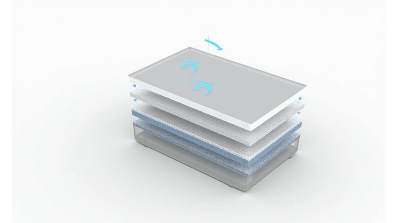 A transparent cross-section diagram of a cooler bag showing multiple layers of insulation material, with arrows indicating heat blocking.